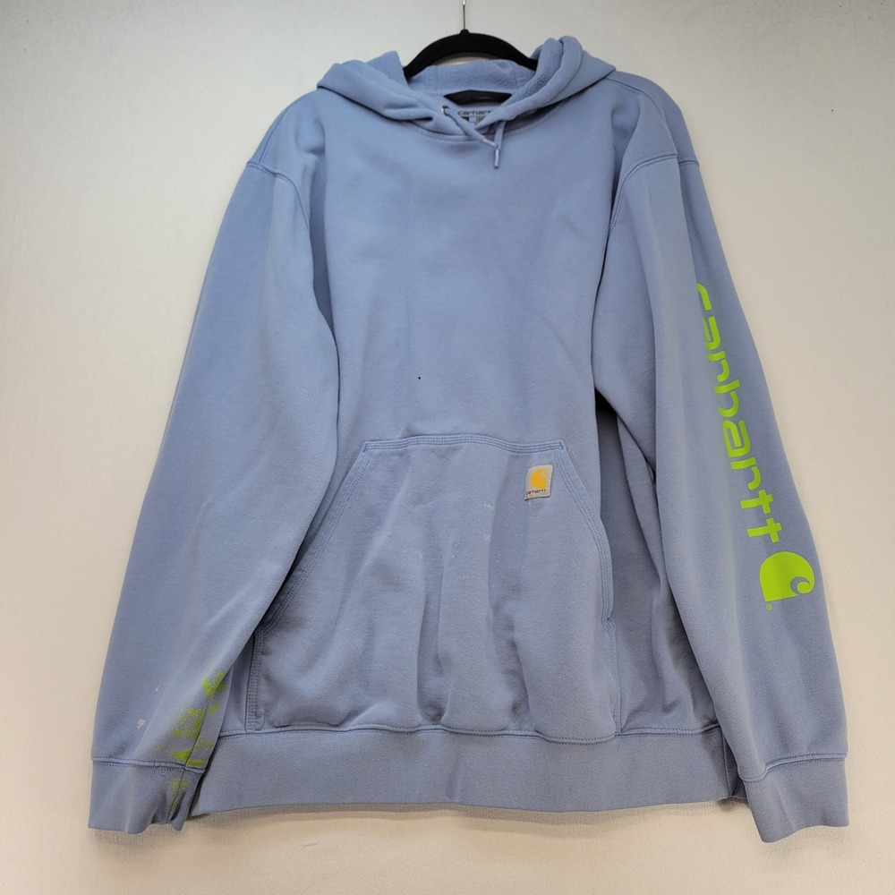 Carhartt Thrashed Hoodie Mens XL Blue Loose Fit Graphic Sleeve Logo Sweatshirt